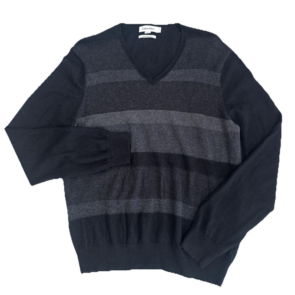 VTG Calvin Klein Mens L Black Extra Fine Merino Wool V-Neck Striped Sweater EUC